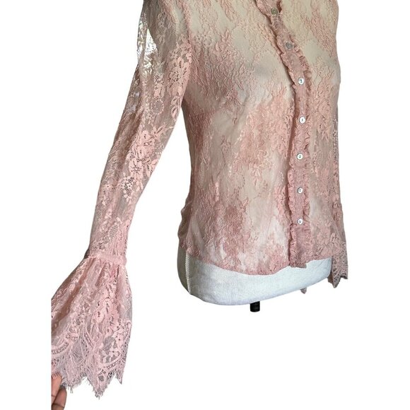 Forever 21 Women's Pink Sheer Lace Button-Up Blouse With Flared Sleeves - Picture 3 of 9